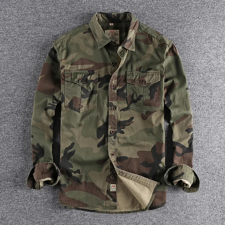 Men's Double Pocket Long Sleeve Shirts Camouflage Cargo Shirts High Quality 100% Cotton Outdoor Hiking Sports Casual Shirts