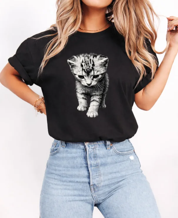 Cute Realistic Cat Kitten Short Sleeves T-Shirt Kawaii Soft Aesthetic Minimalist Cat Lover Casual Streetwear Graphic Tee Top Y2k