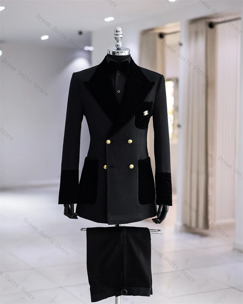

Jacquard Black Men Suit Set 2 Piece Blazer+Pants Trousers Customized Formal Office Jacket Cotton Groom Wedding Tuxedos Prom Coat
