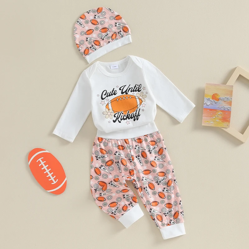 

Baby Boy 3 Piece Outfit Rugby Print Long Sleeve Rompers and Elastic Pants Beanie Hat Set Fall Spring Clothes