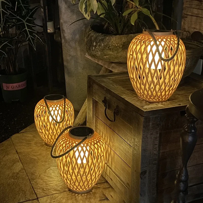 Lanterne Solaire en Rotin pour l\'Extérieur, Décoration de Jardin, Cour, délégations, Bougies Créatives, Lustre en Bambou