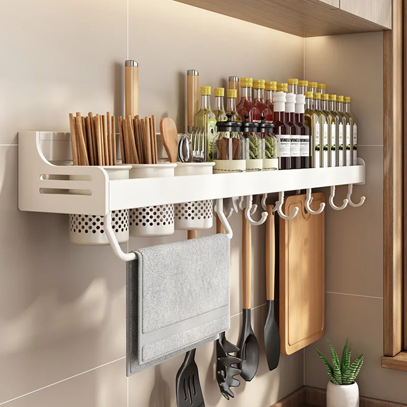 No Drill Kitchen Storage Rack Aluminum Wall Mount Spice Seasoning Spoon Knife Stand Holder Rag Dishcloth Rack Organizer Shelf