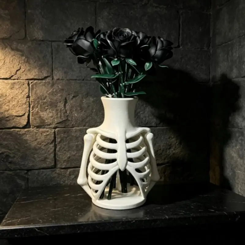 Weiße 3D-gedruckte Skelett-Brustkorbe-Vase, einzigartiges Gothic-Design, perfekt für Halloween-Heimdekoration, Geschenk für Gothic-Liebhaber. – Detail 10