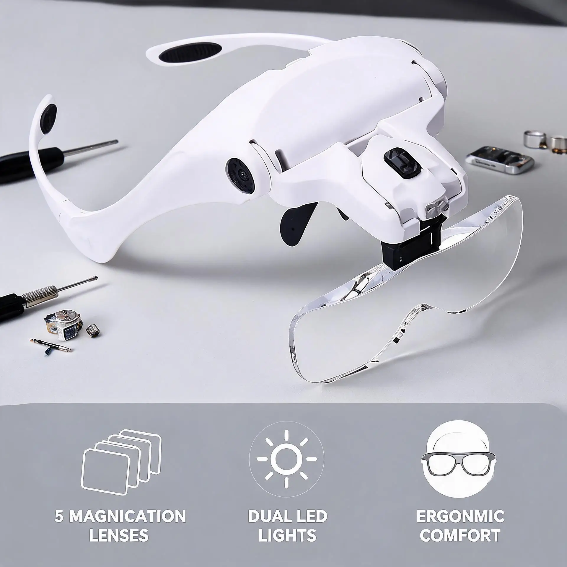 Head Mount Magnifier With 2 Led Professional Jeweler's Loupe Light Bracket And Headband Are Interchangeable Magnifying Glasses