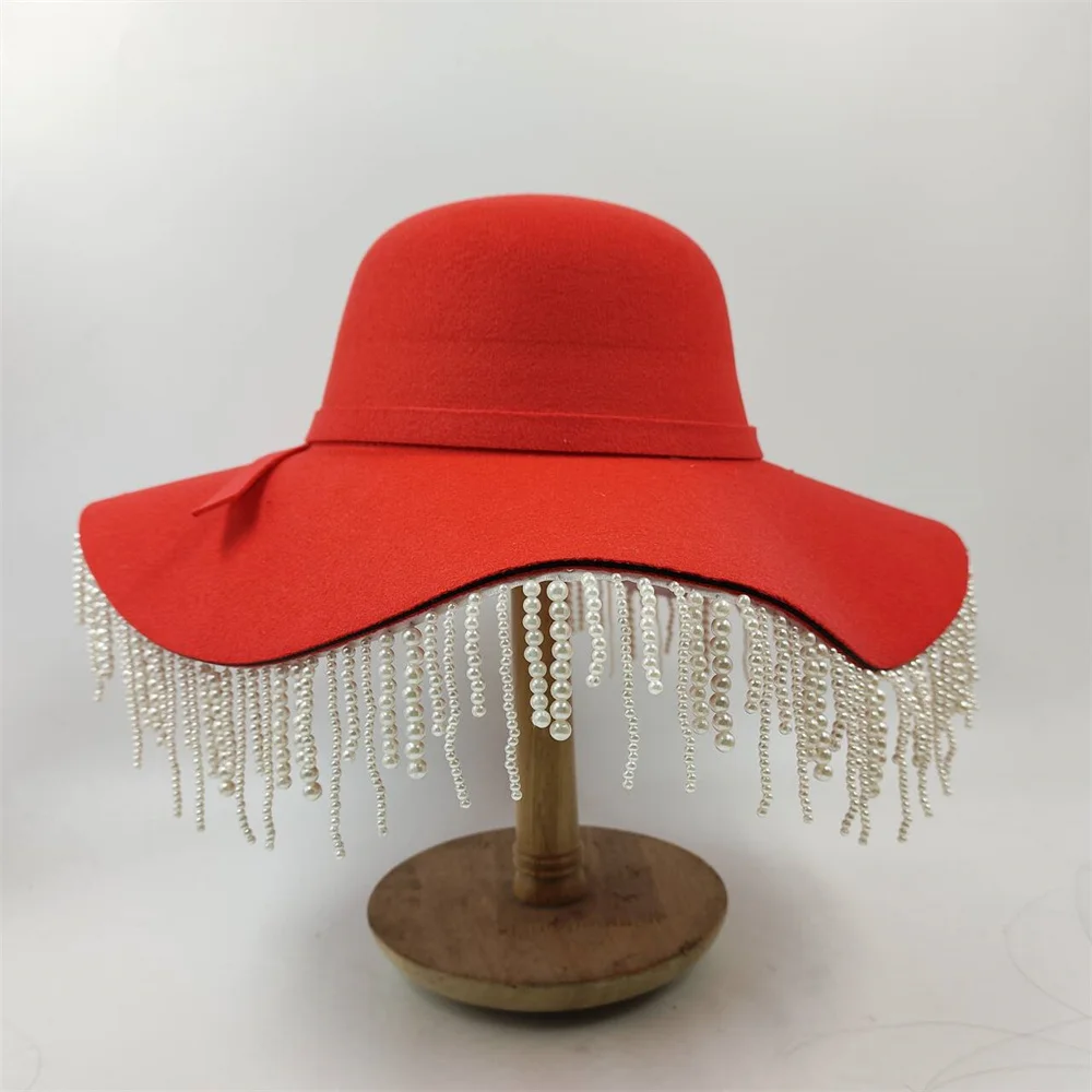 Pearl tassel Fedora hat for women Wave Curled Edge British Retro and Versatile Fashion Hepburn Style Autumn and Winter Hat