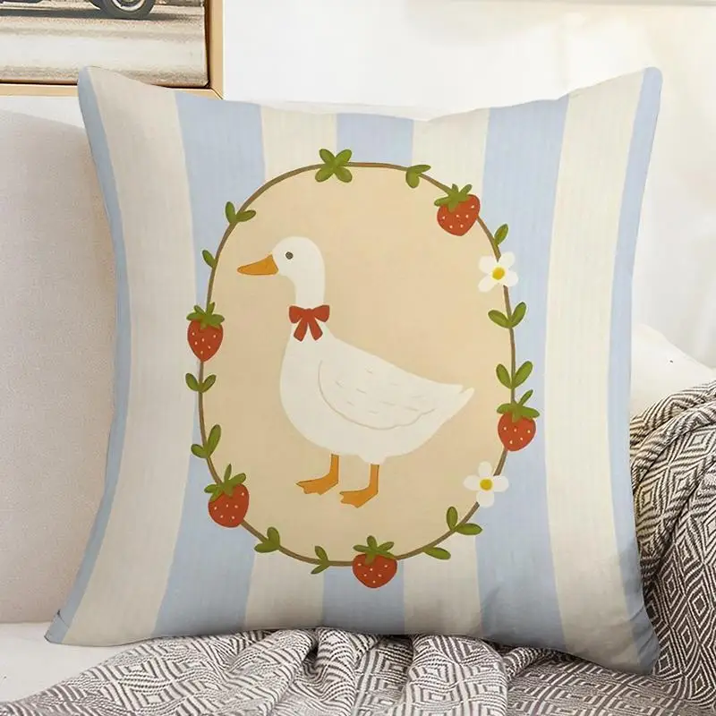 1pc Blue & White Striped Goose & Strawberry Cushion Cover Suitable for Bedside Sofa, Pastoral Decor, Zippered Machine-Washable Pillowcase with Goose Print, Fits 40x40/45x45/50x50cm Bedspread for Modern Home (Insert Not Included)
