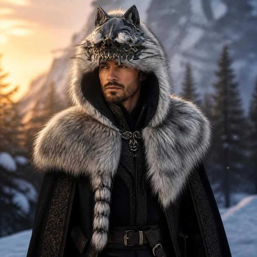 Furry Wolf Skull Hood Medieval Style Vintage Shoulder Cloak Viking Costume Headdress Warrior Mantle Hat Stage Performance