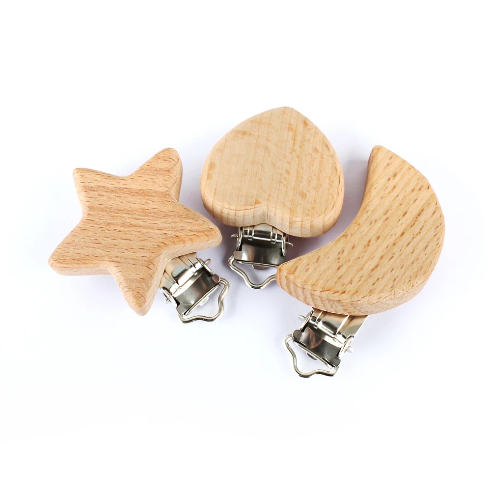 2pc Wooden Pacifier Clip Animal Heart Pattern DIY Baby Teether Chew Toys Natural Beech Wood Pacifier Chain Dummy Holder Clips