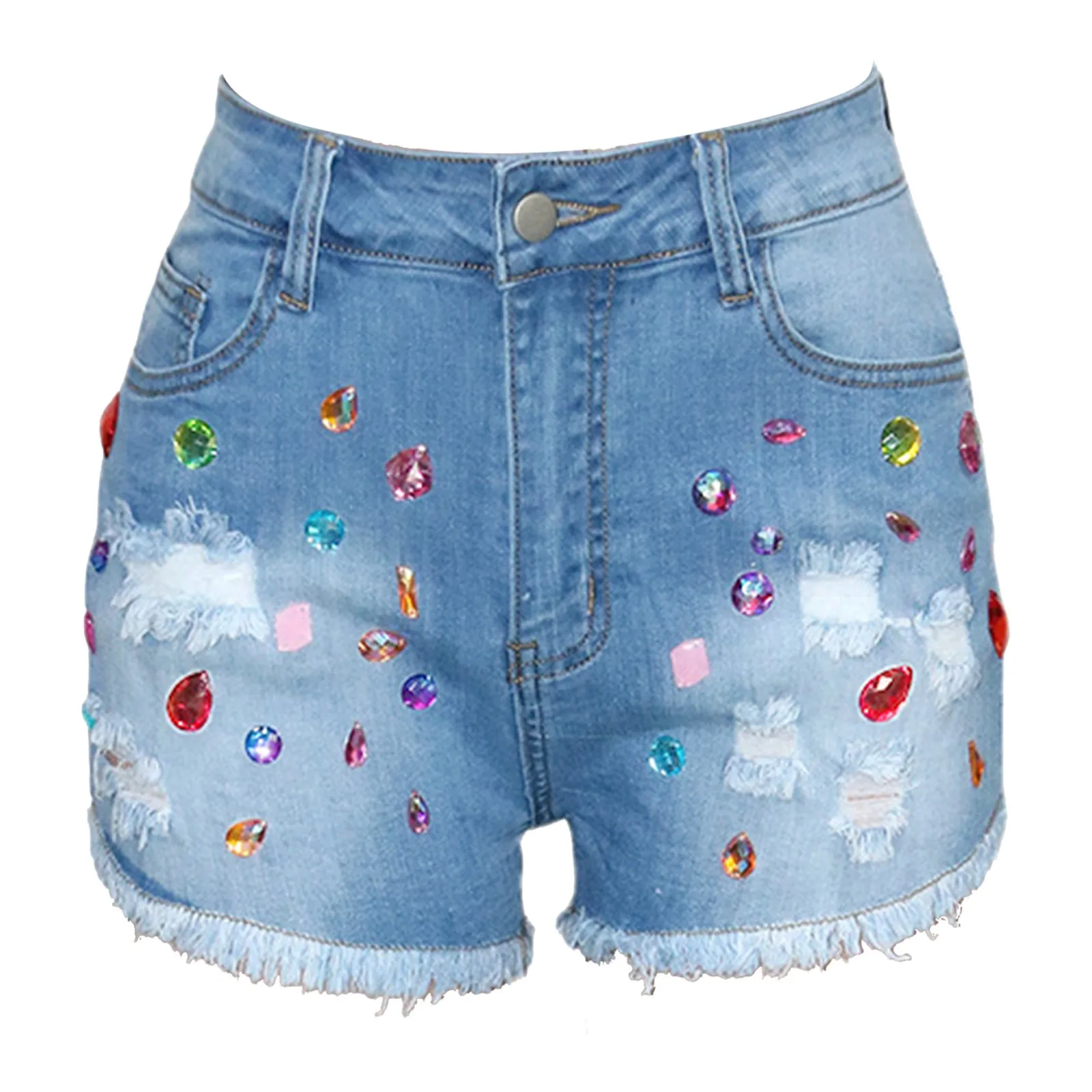 Women\'s Jeans 2024 Summer Fashion Colourful Rhinestone Denim Shorts Streetwear High Waisted Button Down Casual Versatile Jeans