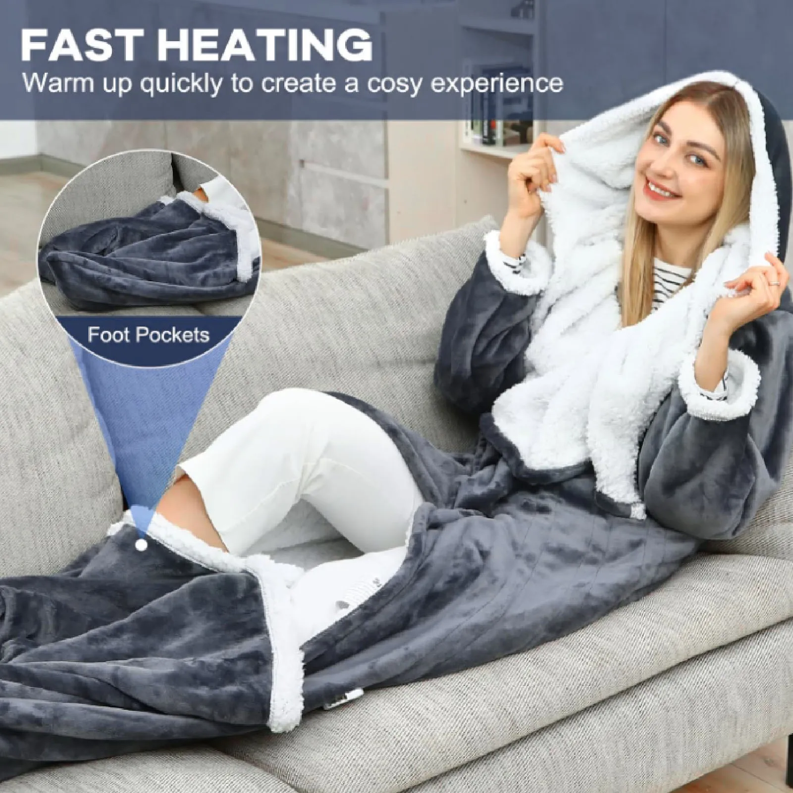 50x70 Inch Wearable Heated Blanket Flannel, Electric Heating Throw with Hood Sleeves Foot Pocket 10 Heat Levels 3 Timer Settings