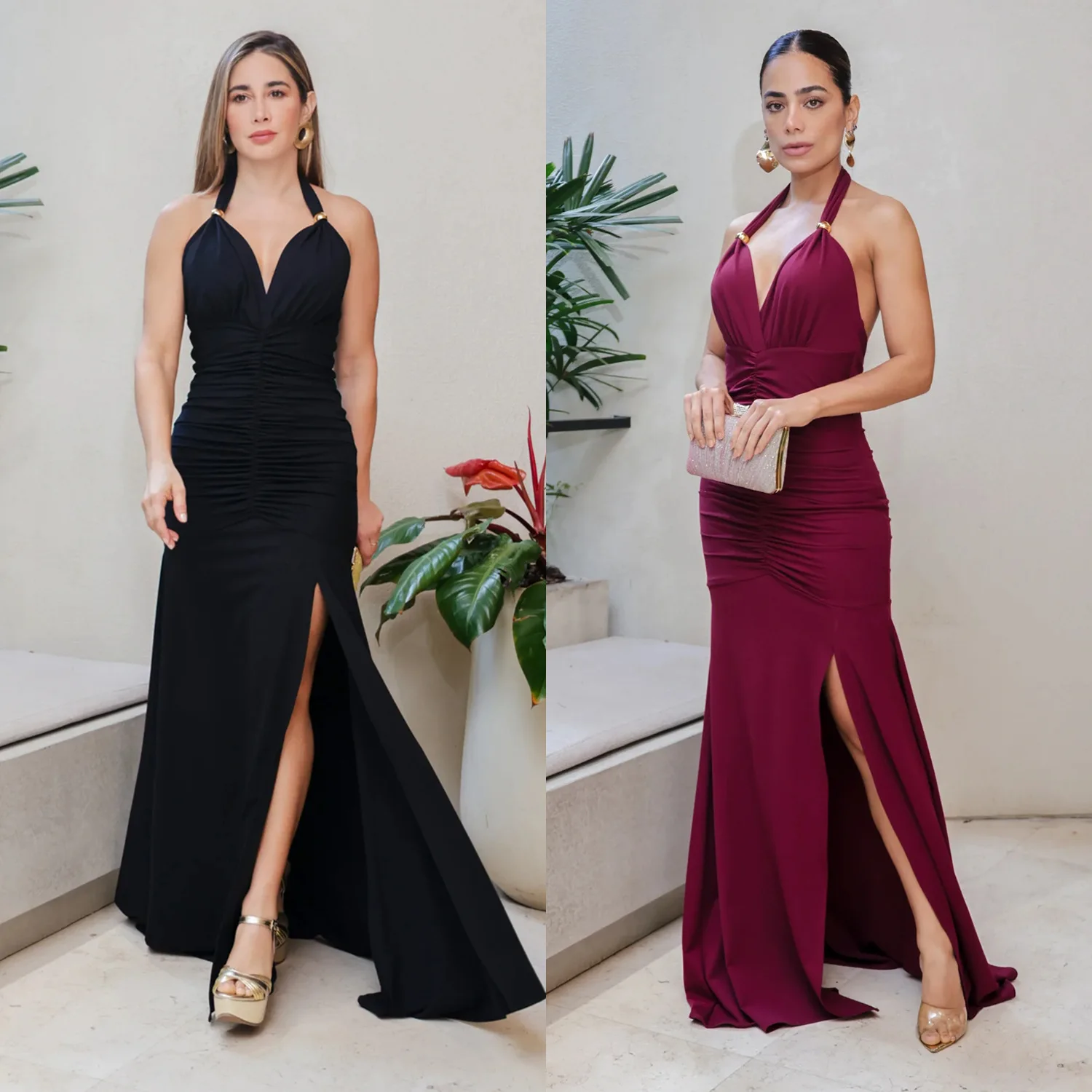 

customized women's adult European and American fashionable elegant noble solid color sexy V-neck slit dress makeup ball dress