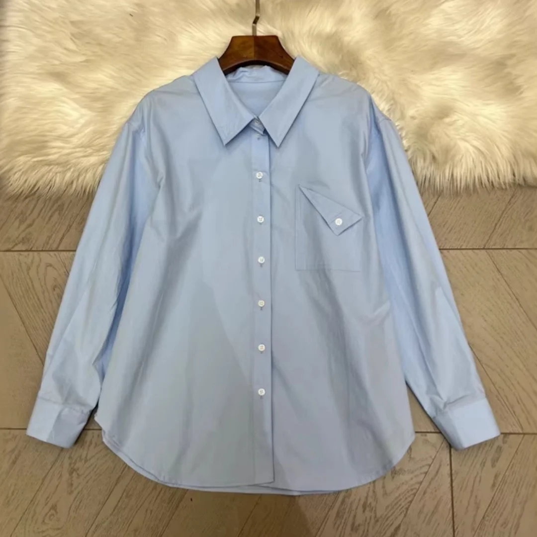 Women Summer New Irregular Pocket White Lapel Long Sleeve Loose Blouse