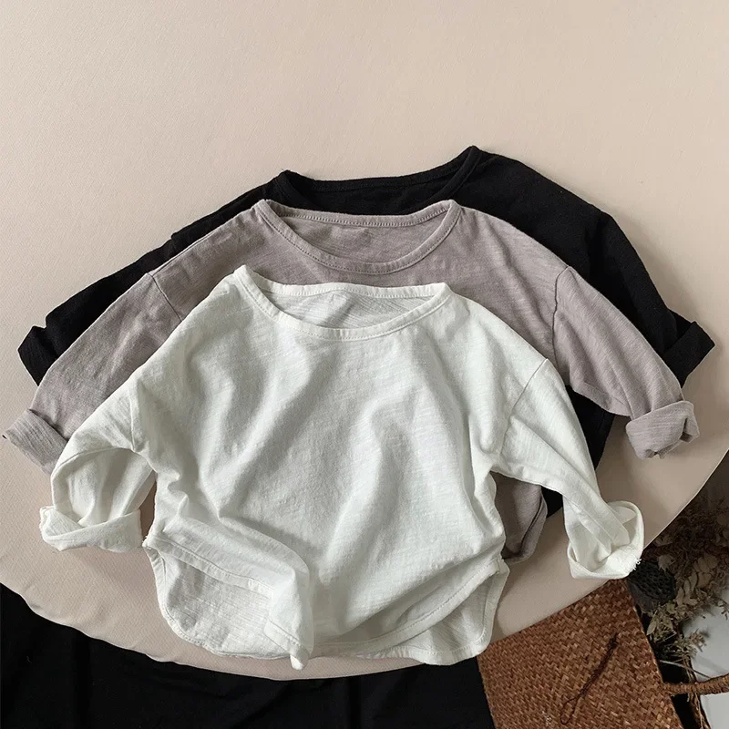 Children\'s Slub Cotton Long-Sleeve T-Shirt 2022 Autumn New Korean Solid Casual Bottoming Shirts Boys And Girls Baby Tops WT818