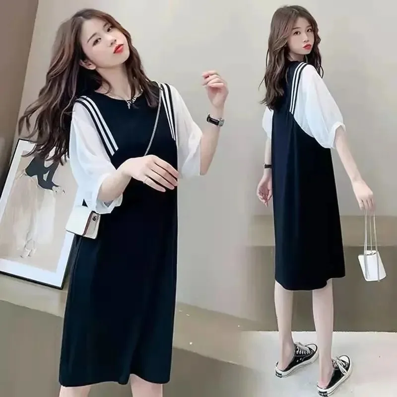 Summer Women's Large Size T-shirt Dress Loose Collision Black and White Splicing Round Neck Short Sleeve Comfortable Dresses