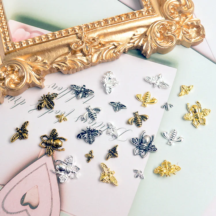 20pcs Cute Japanese Style Retro Nail Accessories Alloy Bee Parts Gold Sliver Manicure Ornament Nail Art Charms Decorations