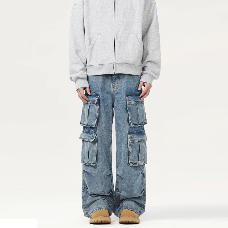 Calças Jeans Cargo Baggy Y2K Unissex com Vários Bolsos, Estilo Streetwear Hip Hop, Perna Larga, Casual e Solta, para Casais