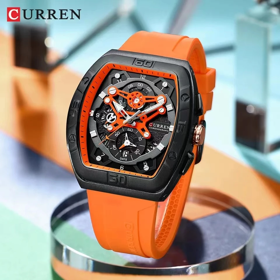 CURREN Watch For Men Barrel Shaped Quartz Creative Fashion Multifunctional Rectangular  Casual Silicone Strap Wristwatch 8443