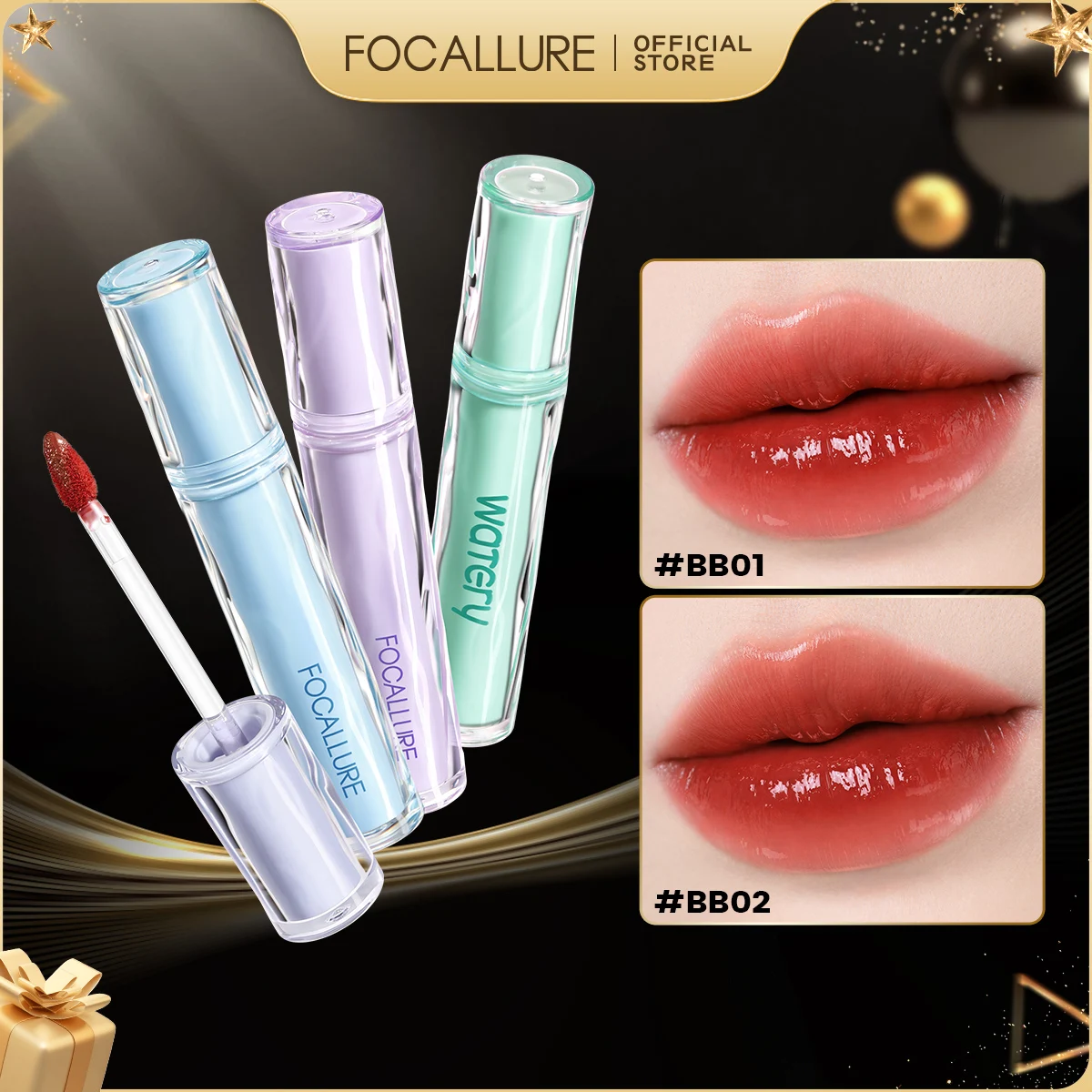 FOCALLURE Jelly Watery Lip Gloss High Pigment Long Wear Liquid Lipstick Lightweight Non-sticky Moisturizing Lip Tint Cosmetics