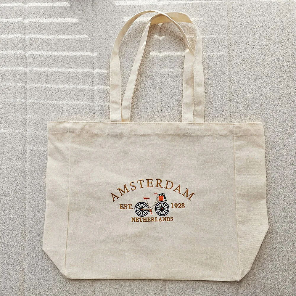 Amsterdam Netherlands Vintage Style Embroidered Canvas Tote Bag 80s 90s Street Shoulder Bags Ladies Casual Khaki Shopping Bags