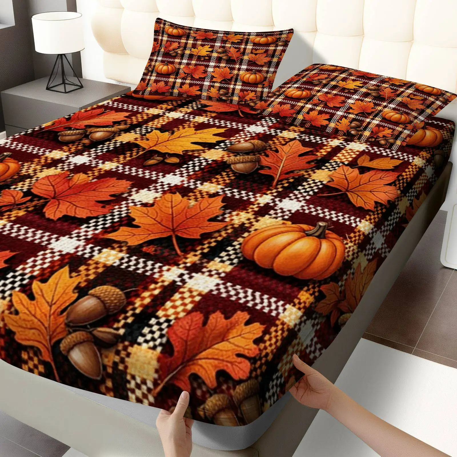 Pumpkin Leaf Acorn Bedding Set Autumn Theme, Plaid Bedding, Mattress Protector, Bedding Set, Various Sizes Available, Suitable for Gifts, Three-Piece Bedding Set (Includes 1 Fitted Sheet + 2 Pillowcases), Large Capacity Deep Bedding, Fitted Sheet Style, Elastic Band Design, Mattress Protector, Fitted Sheet Style, Machine Washable Design, Holiday Decoration, Various Sizes, Breathable Protector, Includes Pillowcases