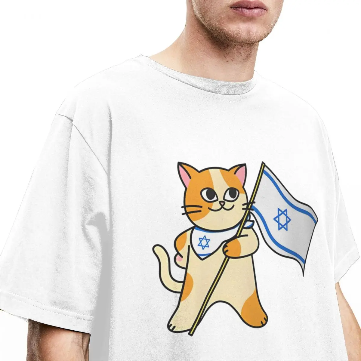 Zionist Pro-Israel Cat Holding An Israeli Flag T Shirt Cotton Top Tees Streetwear Short Sleeve T-Shirt O Neck Printed Tee Shirt