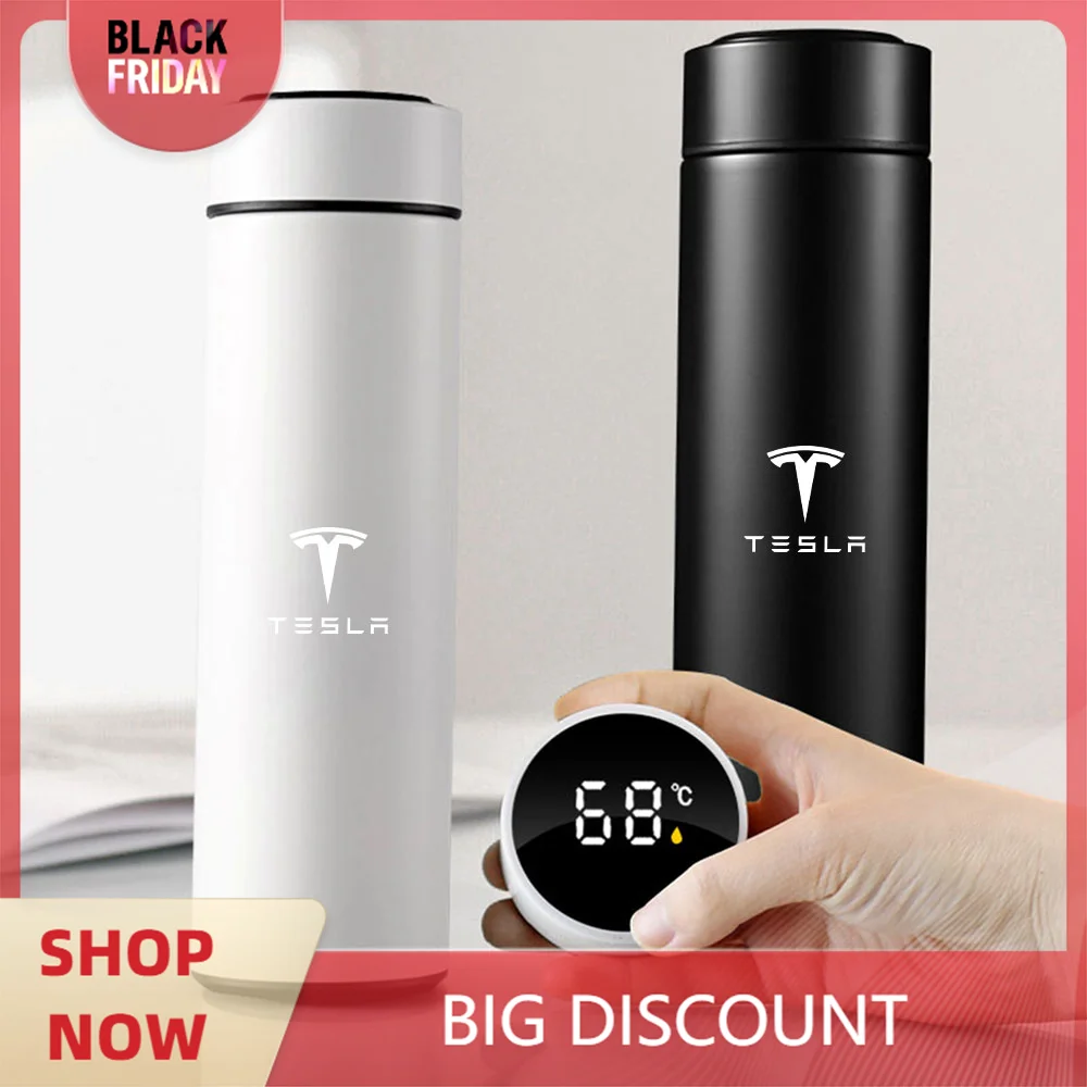 1pcs Portable Thermos Bottle Intelligent Stainless Steel Temperature Thermos Cup For Tesla Model 3 Y S 2021 Roadster Cybertruck