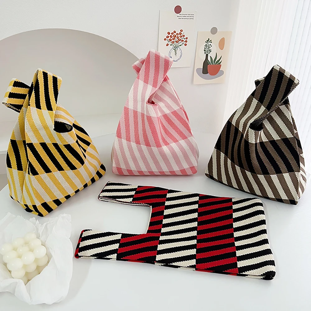 Handmade Knit Handbag Women Mini Knot Wrist-bag Female Casual Color Wide Stripe Plaid Tote Bag Student Reusable Shopping Bag