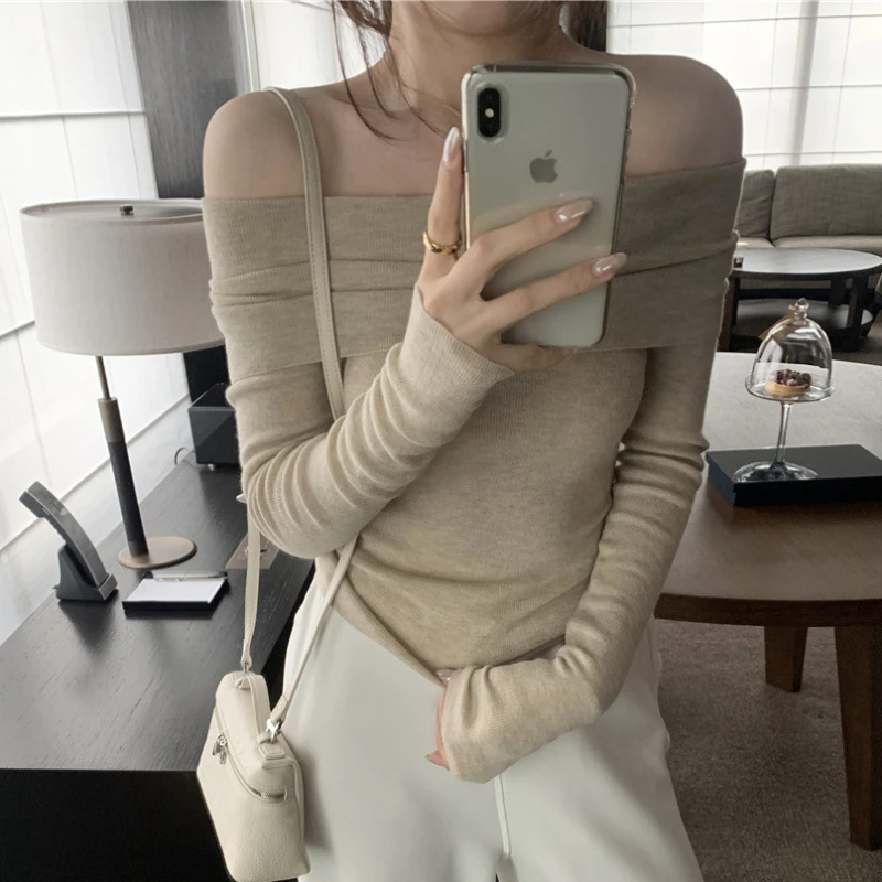 Long Sleeve Pullovers Women Spring Girls Korean Fashion Elegant Korean Style Simple Leisure All-match Off Shoulder Designed Cozy