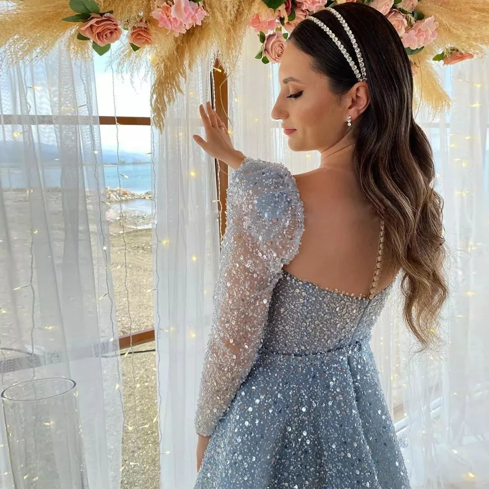 Luxury Sequined Prom Dresses for Engagement Sheer Neck Long Sleeve Party Gown Ankle Length Bead Birthday Party Wear Button Back