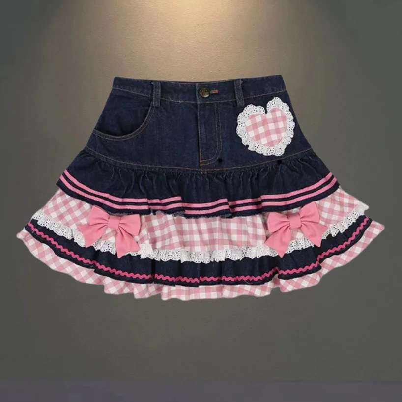 Preppy Style Lolita Kawaii Skirts Japanese Sweet Mini Women Cute Ball Gown Denim Skater Y2K High Waist Lace Cake Skirts w1208 ﻿