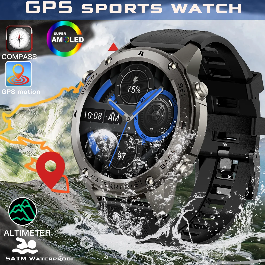 다오르코우 GPS 스마트워치 1.43인치 AMOLED 화면 음성 통화 야외 스포츠 시계 남성용 5ATM 방수 500mAh 배터리 헬스 스마트워치