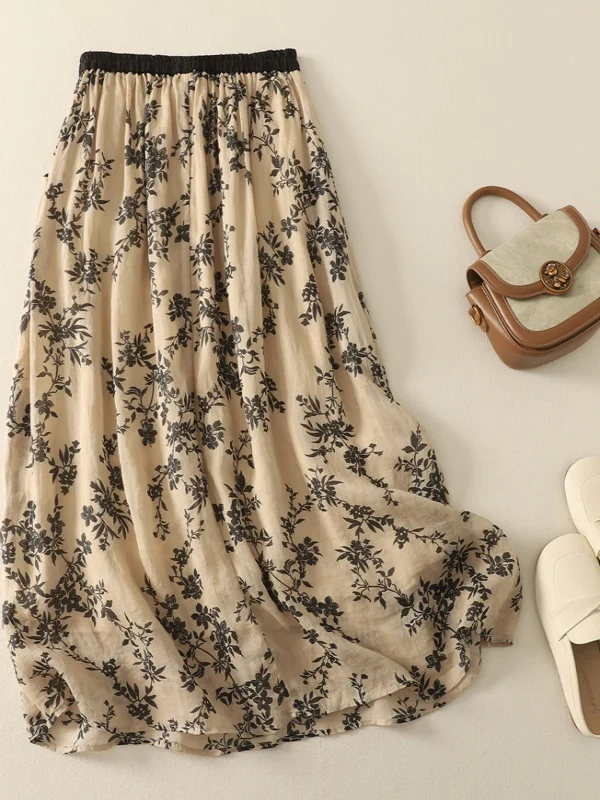 Spódnica midi w stylu retro z bawełny i lnu z nadrukiem, damska, letnia, nowa, z wysokim stanem, luźna, w kształcie litery A, w dużych rozmiarach.