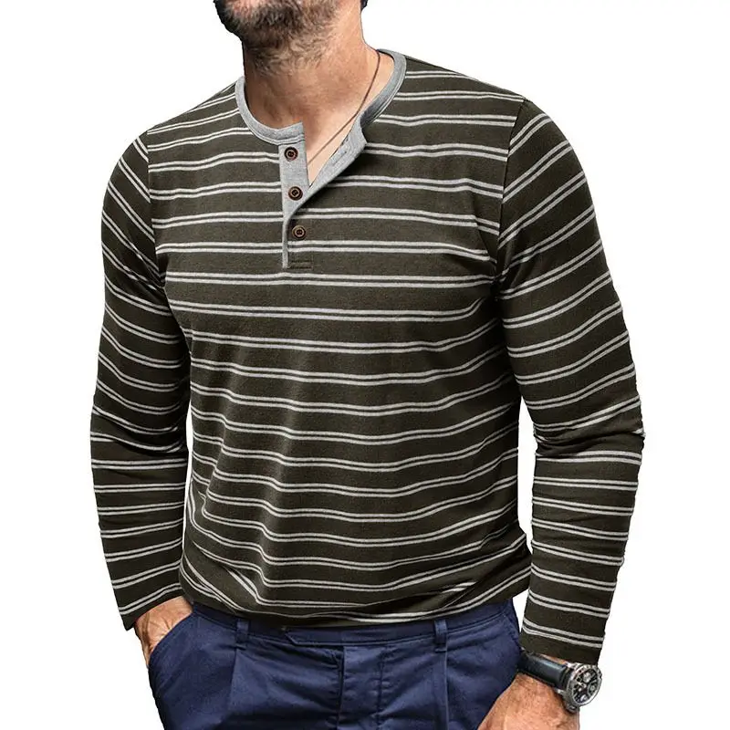 Autumn Men's Henley Collar Long Sleeved T-shirts Striped Casual Tops Button T Shirt Male Soft Comfy