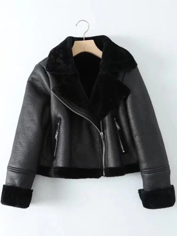 Winter Coat for Women Leather Jacket Leather Fur Integrated Loose Retro Warm Vintage Long Sleeve Top Streetwear Motorcycle Suit