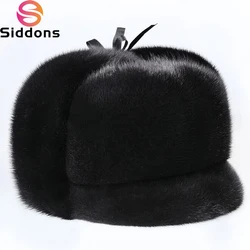 Luxury Winter Man Top Real Mink Fur Bomber Hat Male Genuine Marten Head Warm Black/Brown Caps Best Gift For Dad Gorras