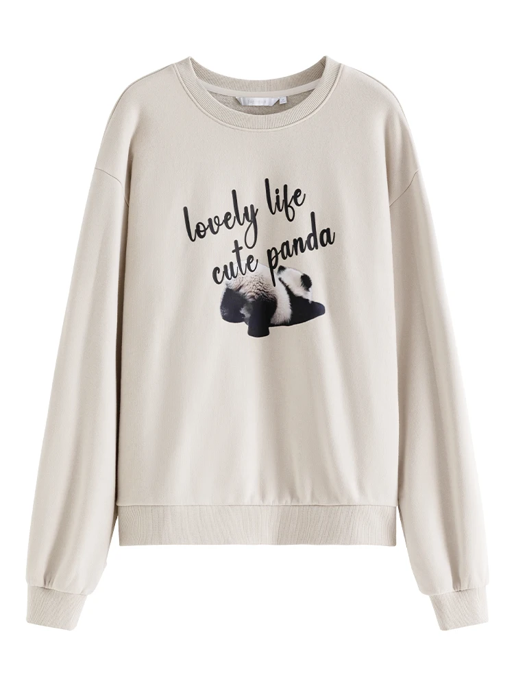 FSLE Round Neck Drop Sleeve Almond Grey Women Sweatshirts Casual Letter Print Design Loose Female Fleece Tops