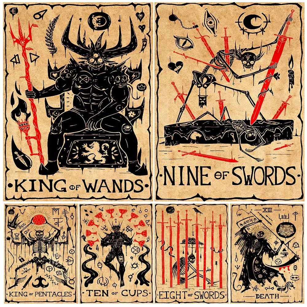 

King Of Wands,Nine Of Swords,King Of Pentacles,Abstract Wall Art Canvas Painting Skull Tarot Art Poster Print Home Decoration