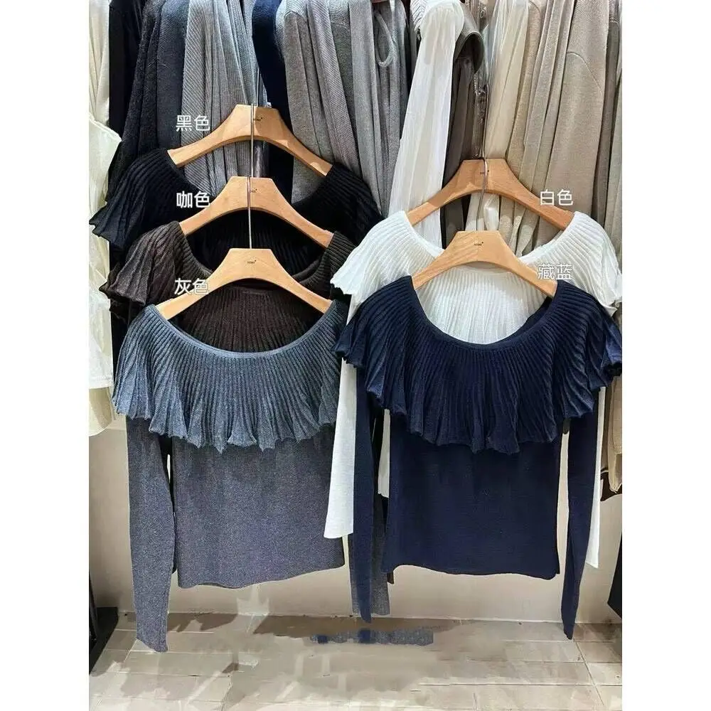 Elegancki koreański sweter z dzianiny, dekolt typu slash, falbanki, dopasowany krój, długi rękaw, francuski styl, jesienne damskie pulowery F229