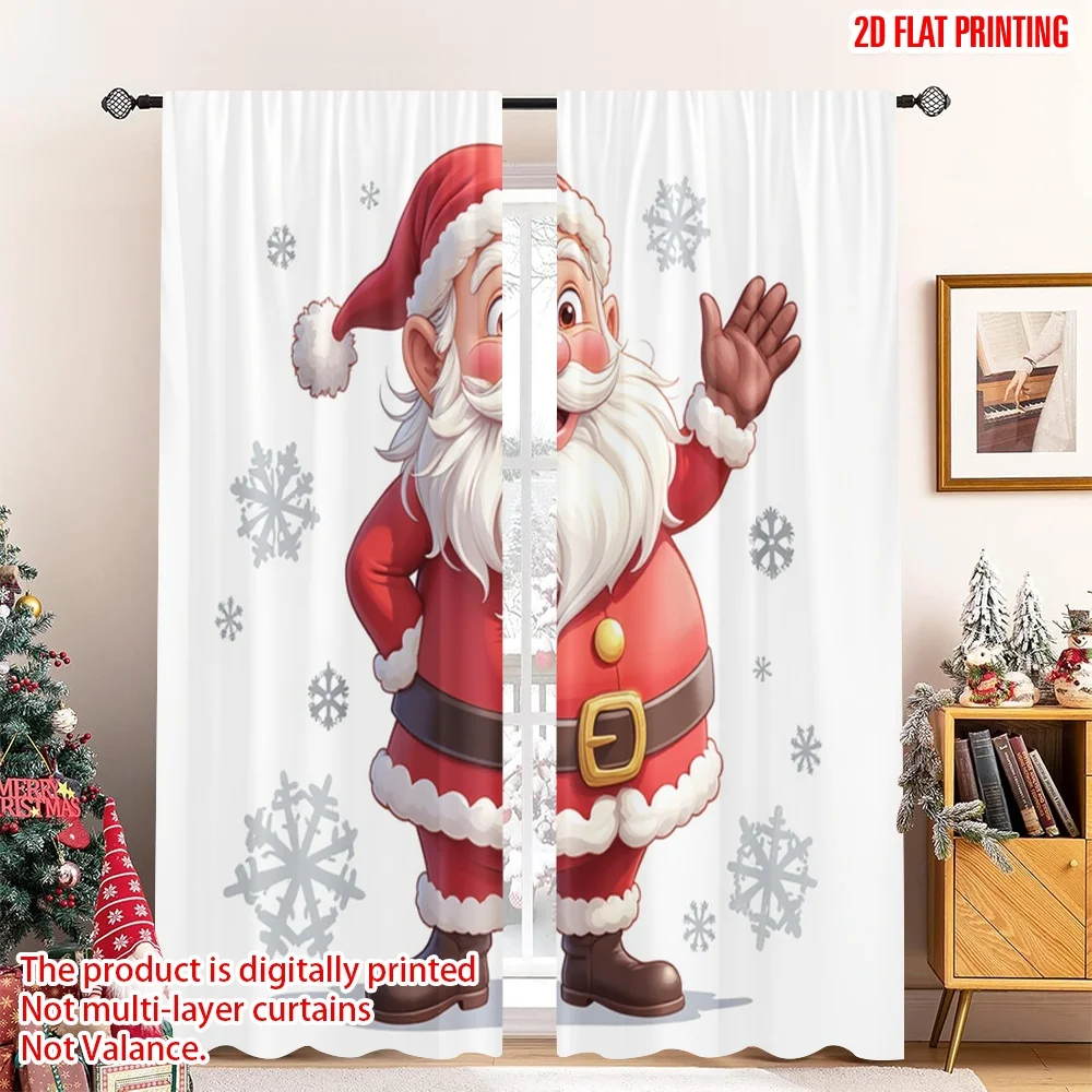 

2pcs 2D flat printing Christmas Curtains Santa Waving Through Snow 100% Polyester Without Electricity Festive Holiday Use for