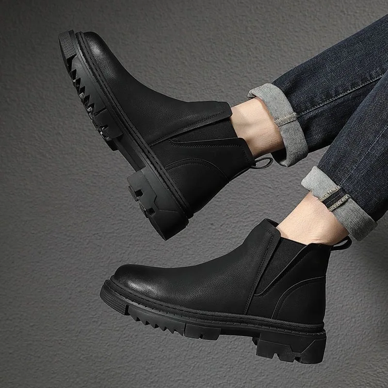 Cross-border Men's Leather Chelsea Boots 2025 Autumn Winter Warm Casual Business Shoes Men Thick Sole Ankle Boots with Platform