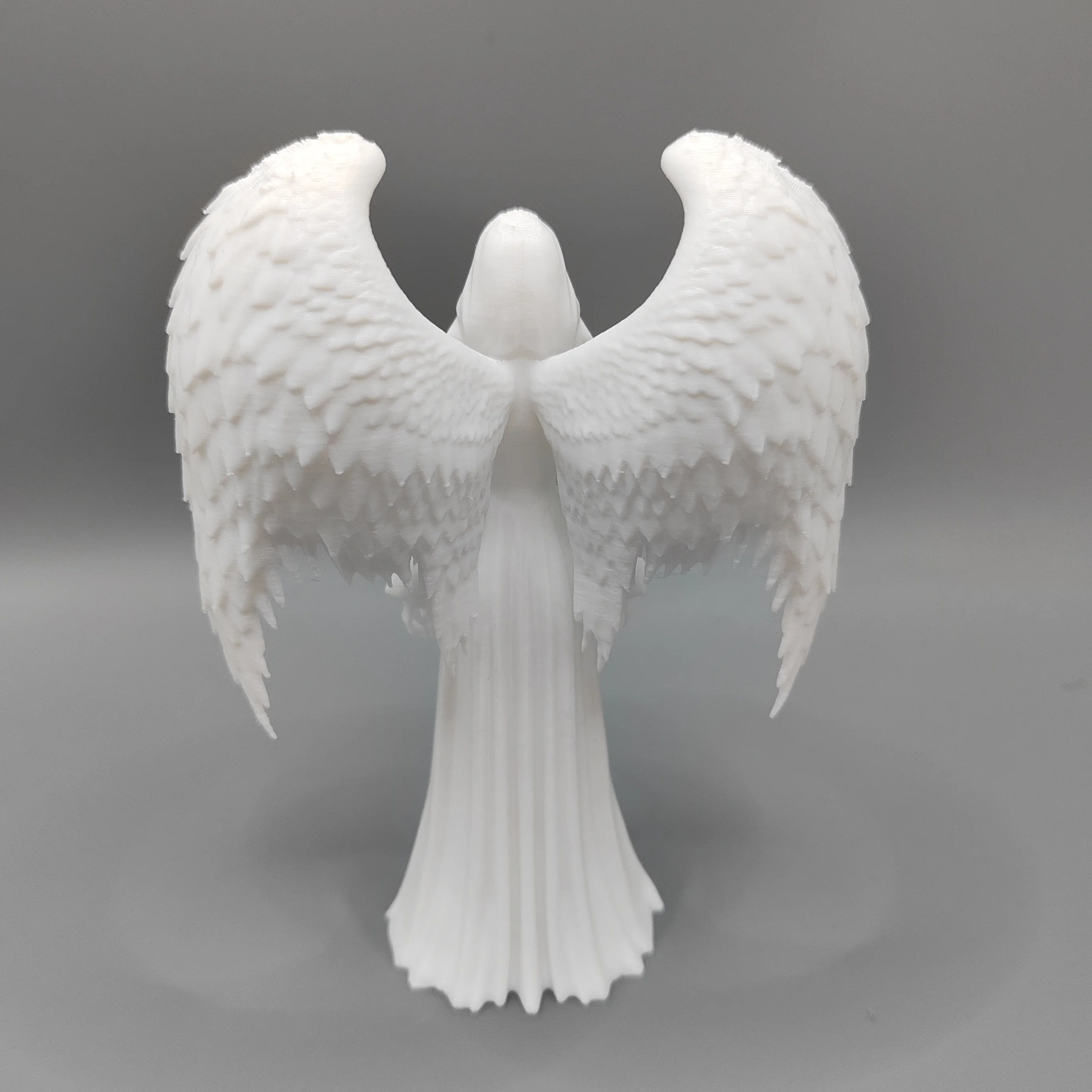 3D Printed Elegant Winged Angel Lady Sculpture, Textured Layer Detail Large Feather Wings Flowing Long Gown Female Angel Statue,