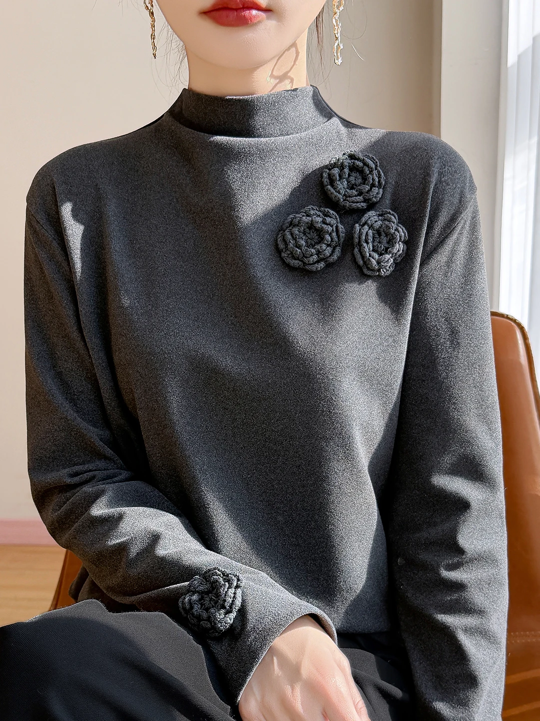 Ele Autunno Inverno Maglione lavorato a maglia da donna Slim Fit High Ne Design floreale 3D Base calda Tessuto morbido in poliestere