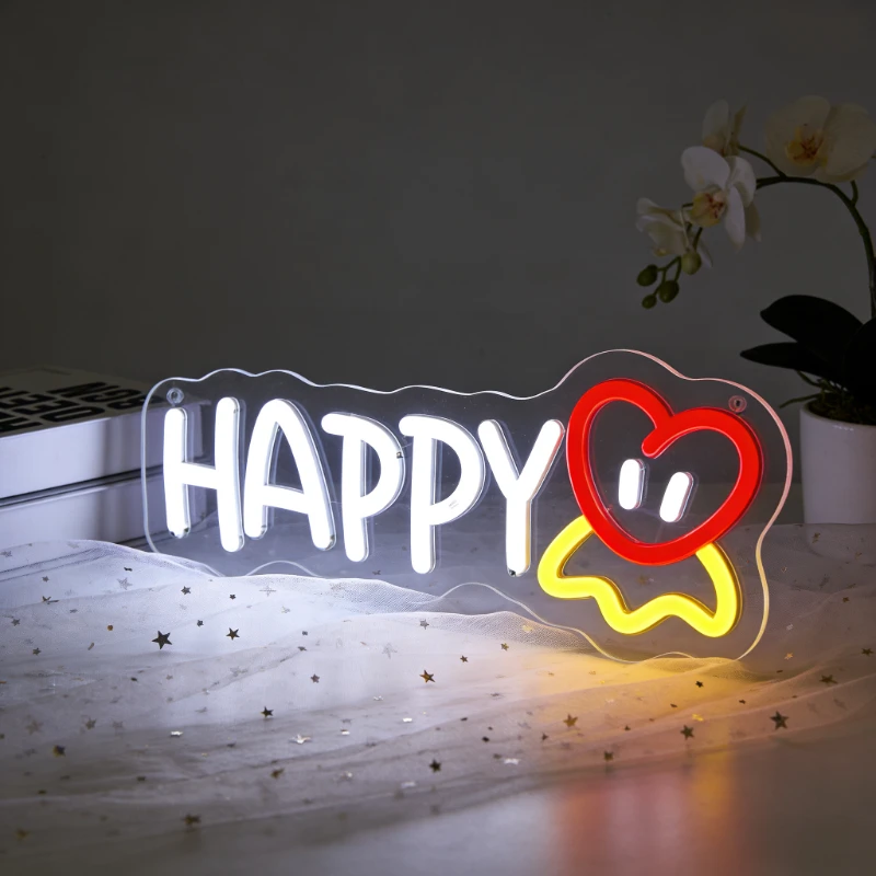 

Светодиодная неоновая вывеска Happy LED с USB-питанием, регулируемая, красно-желтая, для гостиной, спальни, дня рождения, декора стен, свадебного подарка