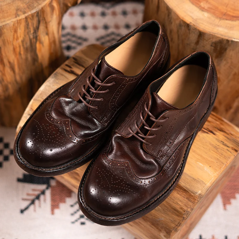 Men's Derby Shoes Full Brogue Genuine Leather England Style Business Formal Dress Shoes