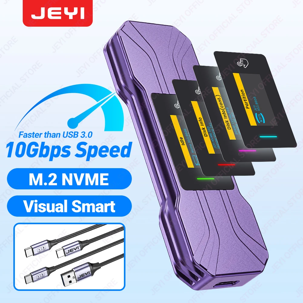 JEYI Visual Smart M.2 NVMe SSD Enclosure with Touchscreen, USB3.2 10G External M2 Adapter Super Cooling Design Support UASP Trim