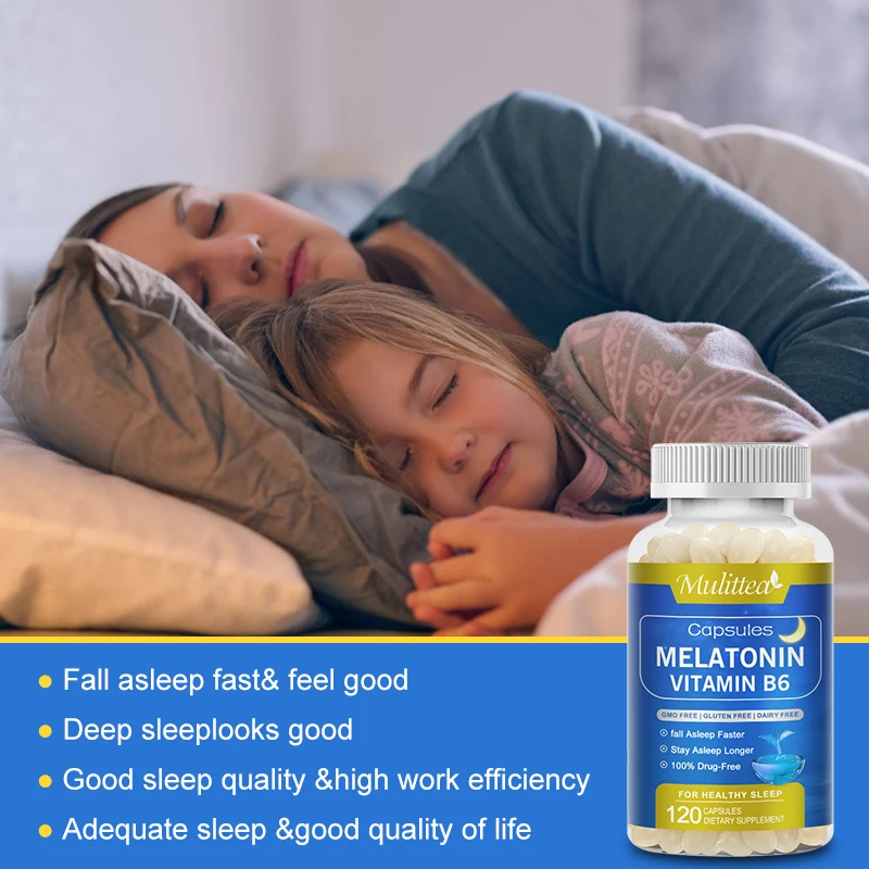 Mulittea Melatonin Vitamins B6 Capsules Relieve Insomnia Helps Deep Sleep & Sleep quality Relieve Stress for Adults
