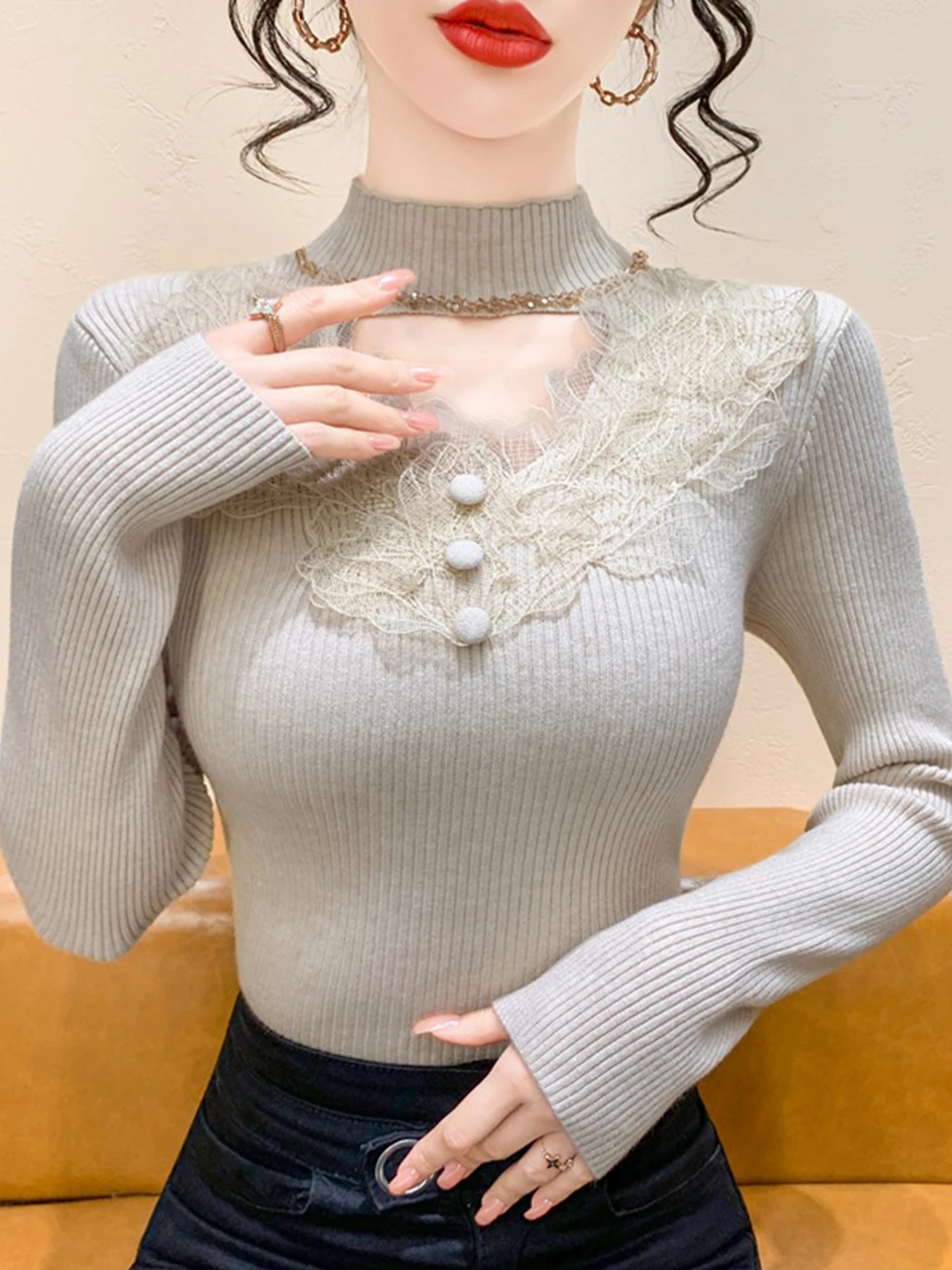 레이스 스플라이싱 홀로우 아웃 스팽글 하이 칼라 니트 스웨터 여성용 가을 겨울 슬림 핏 베이스 셔츠 한국 스타일 출퇴근용