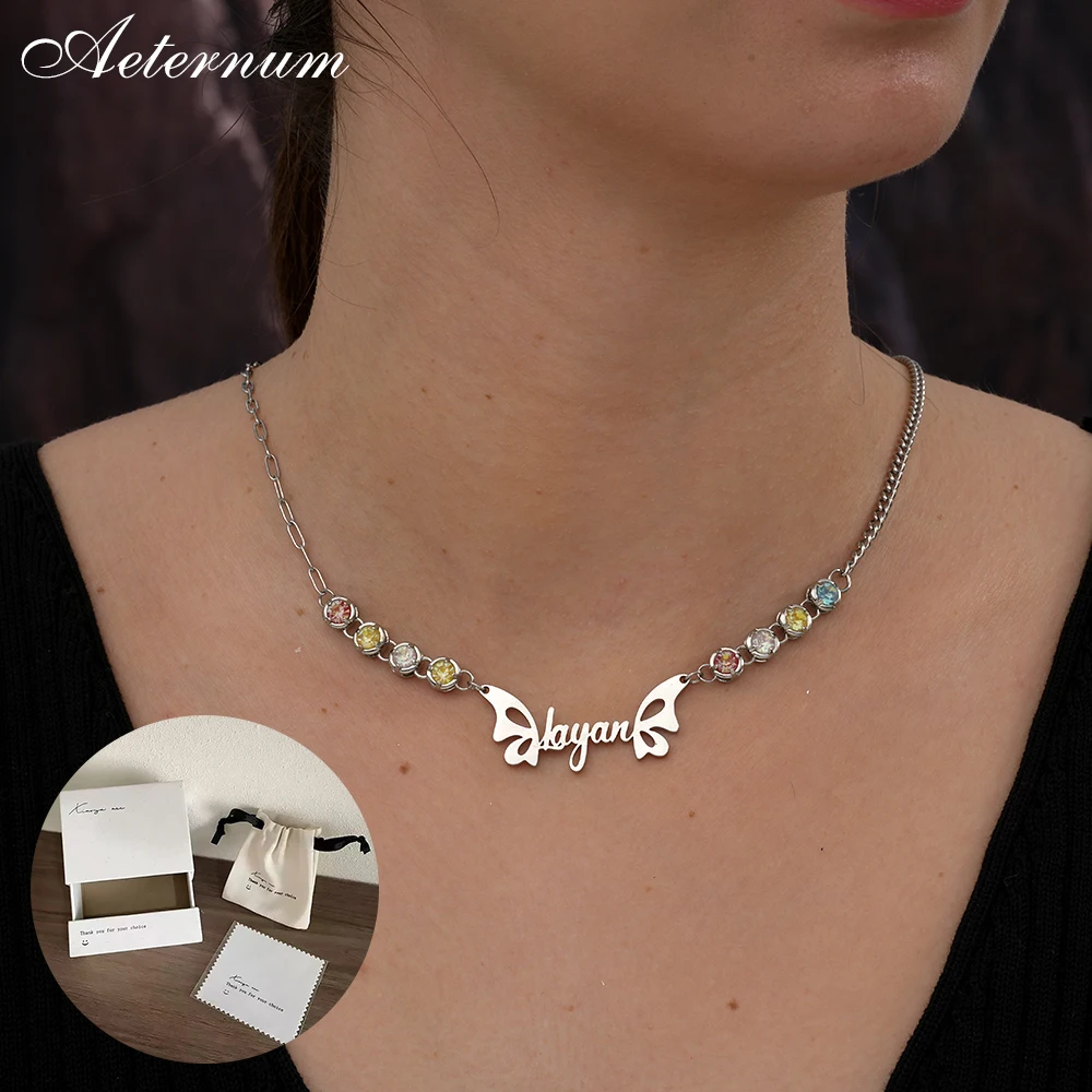 

Personalized Custom Name Necklace with Butterfly Pendant Color Gemstone Chain Jewelry Gift for Family And Lovers