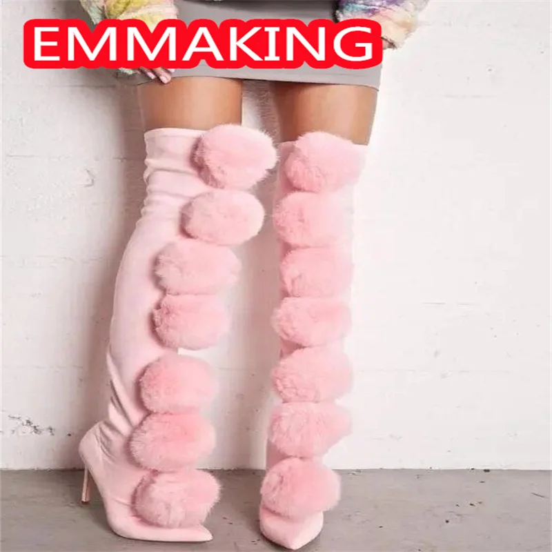 كرات كبيرة رقيق أشار تو حذاء برقبة للركبة الشتاء النساء 2024 نسيج مرن موضة الانزلاق على الجوارب الطويلة ضئيلة مثير حجم 44