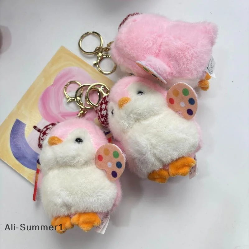 【E】Cute Little Painter Penguin Plush Keychain Stuffed Doll Keyring Bag Pendant Backpack Hanging Decoration Christmas Gifts